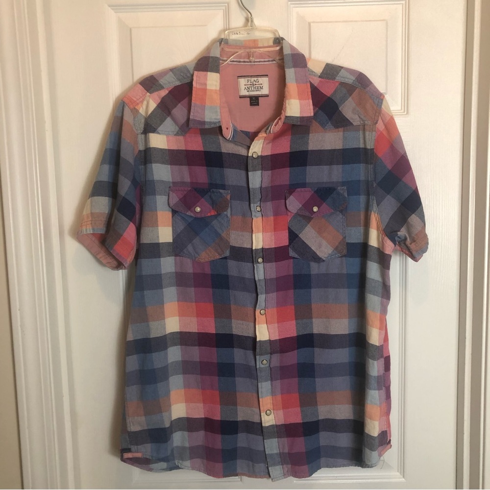 Flag & Anthem Plaid Short Sleeve Snap Front Shirt   Men’s XL